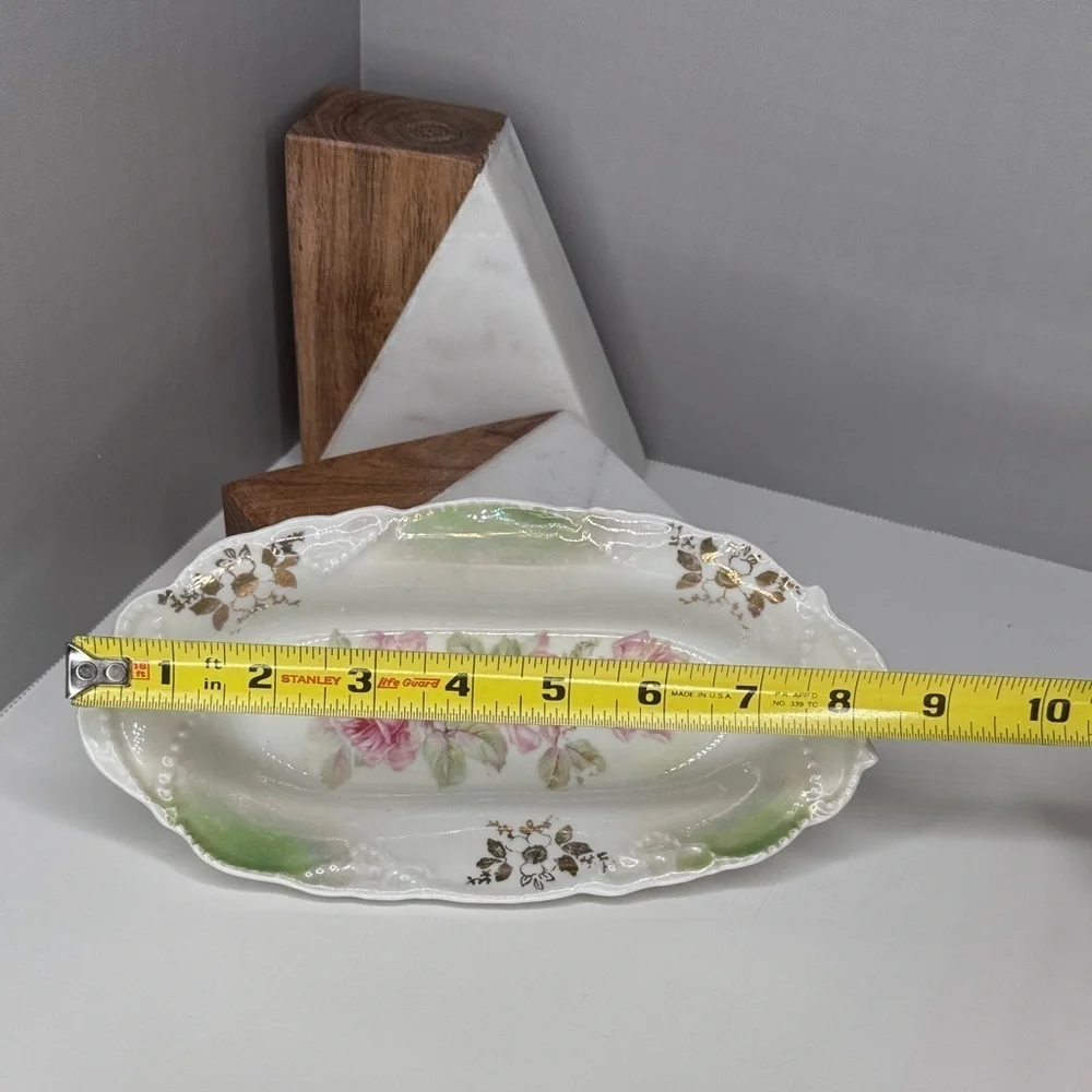 Early 1900s German Pink Shabby Roses Oval Dish
